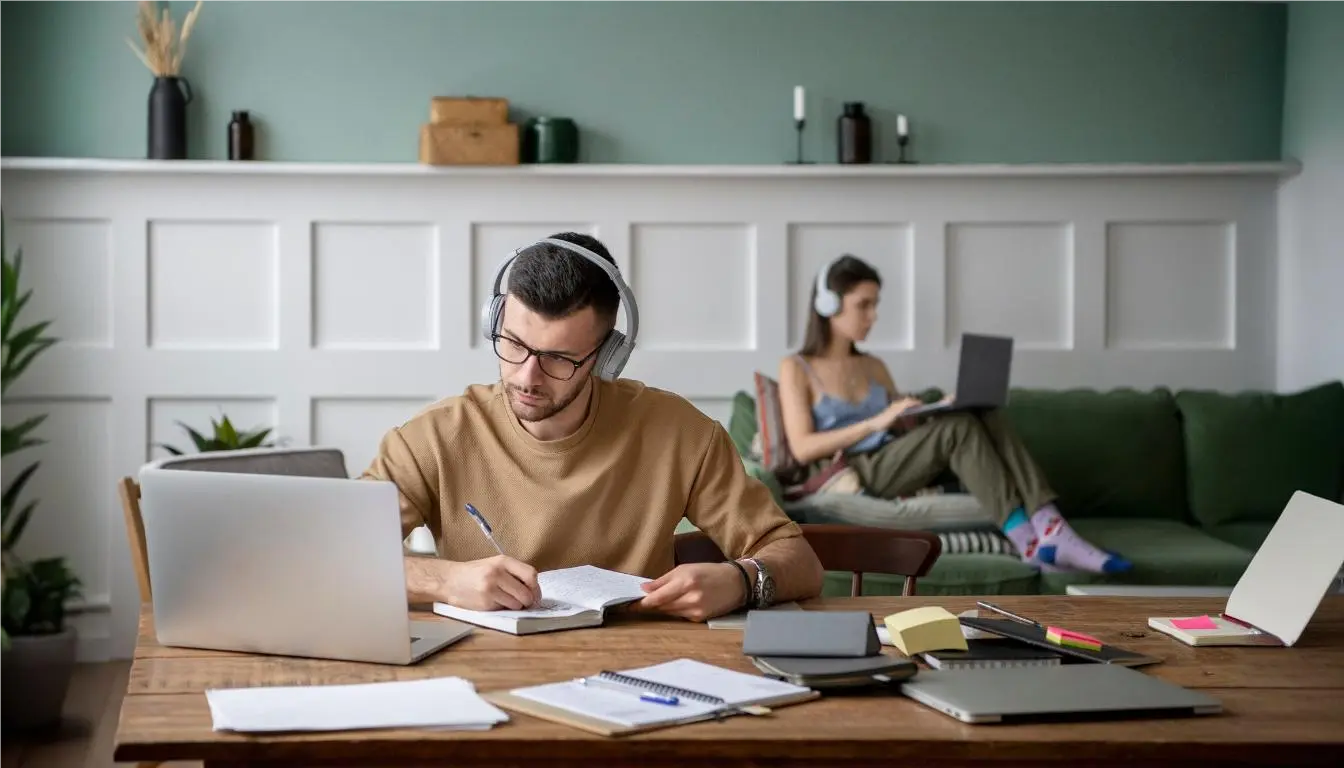 A man studying at a desk with a laptop, notebook, and headphones, while a woman works on her laptop in the background, showcasing what distance education looks like in a home environment.