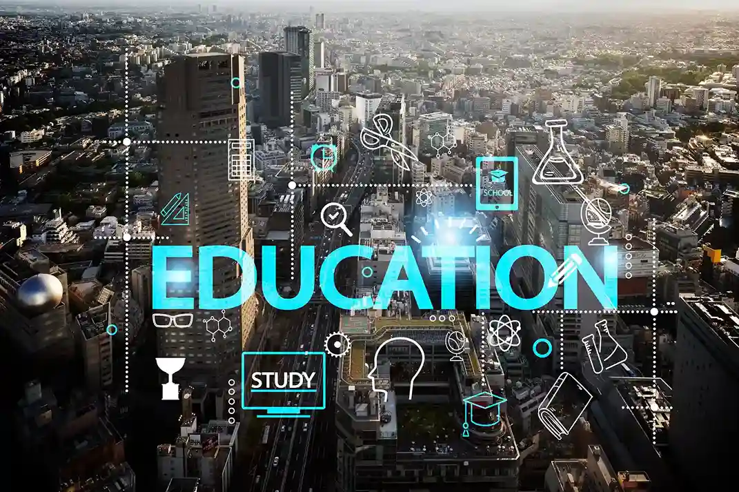 A city skyline with a futuristic overlay showcasing icons of education and learning, representing various types of distance education such as online learning and virtual classrooms.